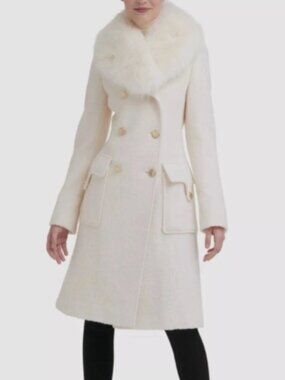 NWT GUESS Ivory Faux Fur Collar Double Breasted Coat Size M MSRP $450